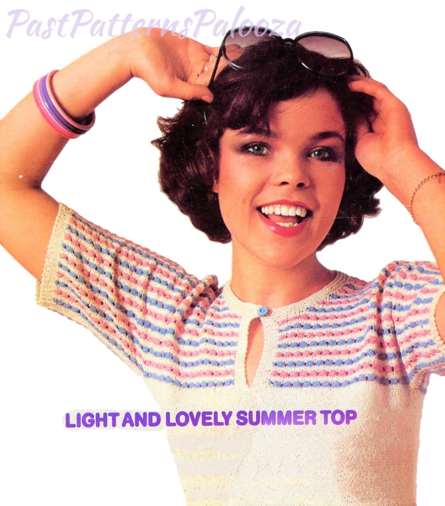 Vintage Knitting Pattern Womens Pretty Keyhole Summer Sweater Top Striped Yoke 1977 PDF Instant Digital Download Lightweight Jumper 3 Ply