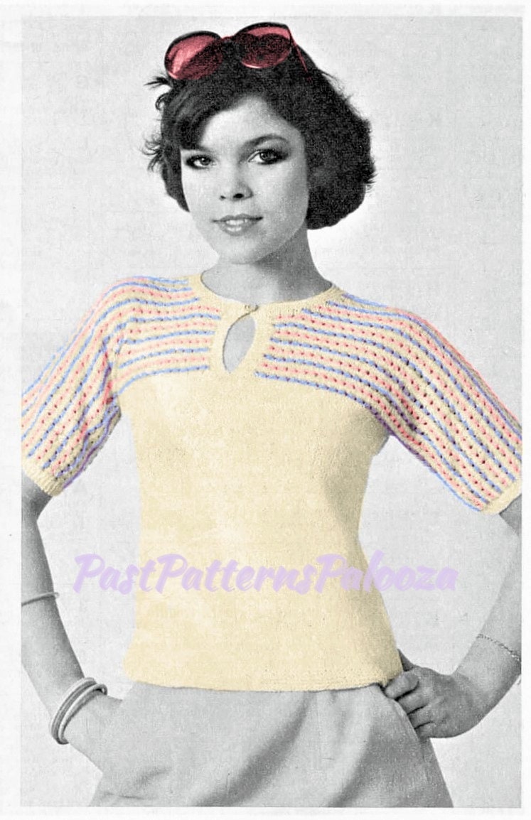 Vintage Knitting Pattern Womens Pretty Keyhole Summer Sweater Top Striped Yoke 1977 PDF Instant Digital Download Lightweight Jumper 3 Ply