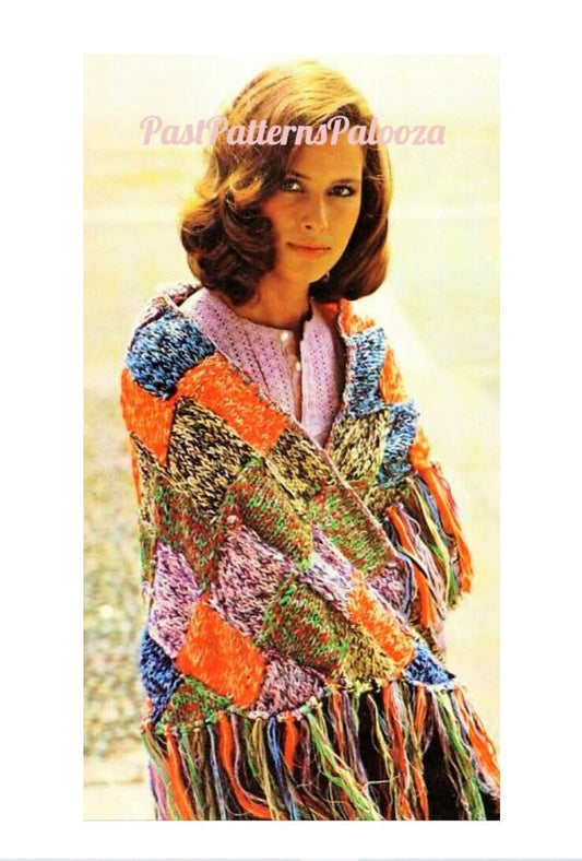 Vintage Knitting Pattern Womens Patchwork Squares Fringed Shawl PDF Instant Digital Download Retro Boho Wrap Cotton DK