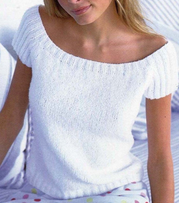 Vintage Knitting Pattern Womens Knit Top Short Sleeve Sweater Simple Scoop Neck Summer Pullover Top PDF Instant Digital Download DK 8 Ply