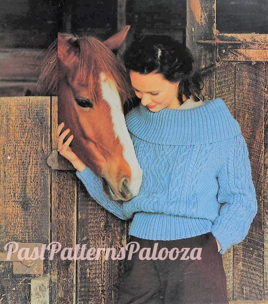Vintage Knitting Pattern Womens Cowl Collar Sweater PDF Instant Digital Download Cable & Rib Wide Collar DK 8 Ply
