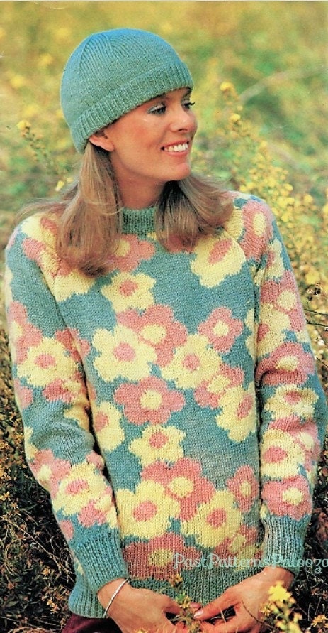 Vintage Knitting Pattern Womens Spring Flower Motif Pullover Sweater and Hat Set PDF Instant Digital Download DK 8-Ply