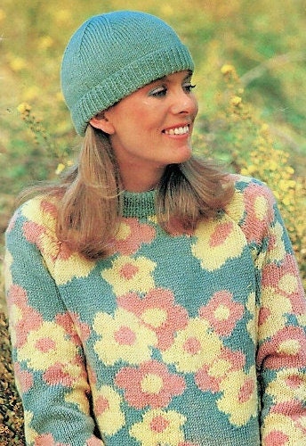 Vintage Knitting Pattern Womens Spring Flower Motif Pullover Sweater and Hat Set PDF Instant Digital Download DK 8-Ply
