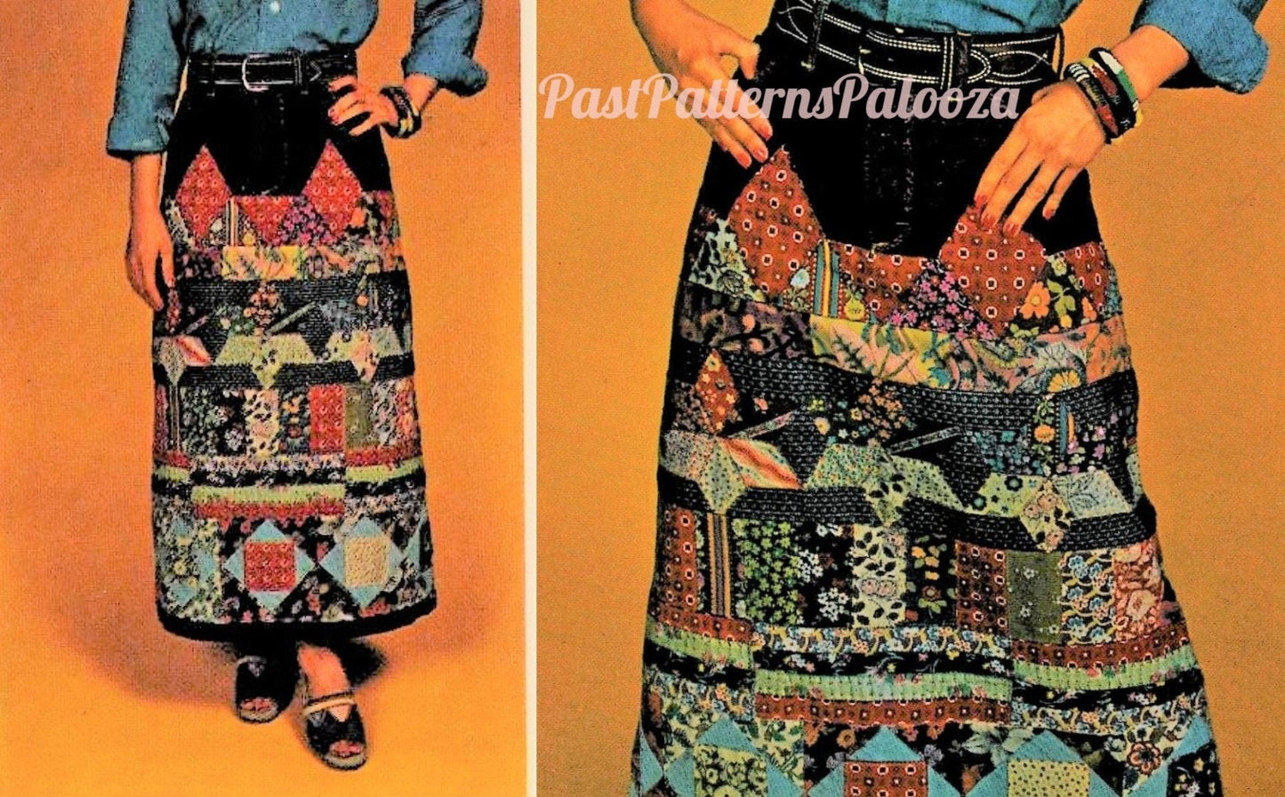 Vintage Sewing Pattern Womens Long Patchwork Denim Jean Skirt Gingham Calico Patches PDF Instant Digital Download Retro 70s Boho Hippie Chic