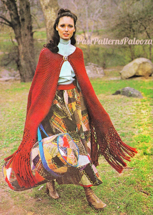 Vintage Knitting Pattern Womens Boho Garter Stitch Maxi Cape PDF Instant Digital Download Retro Fringed Shawl Cloak 10 Ply One Size
