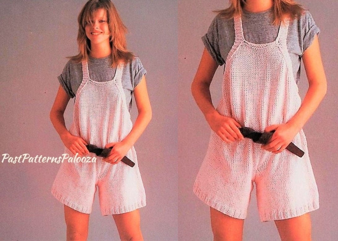 Vintage Knitting Pattern Womens Shortalls Overalls Summer Playsuit Cross-Over Back Straps PDF Instant Digital Download Retro 80s DK