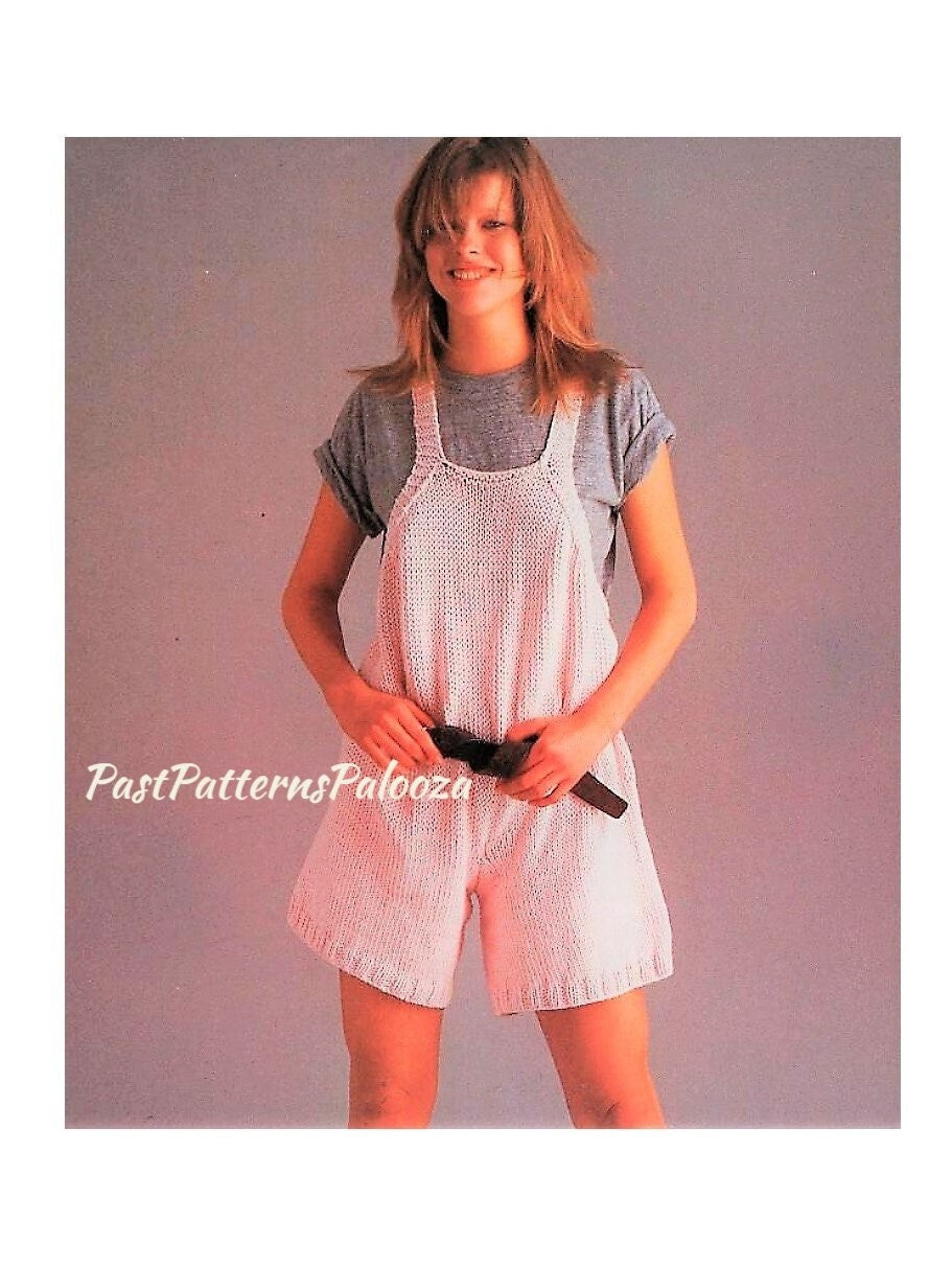 Vintage Knitting Pattern Womens Shortalls Overalls Summer Playsuit Cross-Over Back Straps PDF Instant Digital Download Retro 80s DK