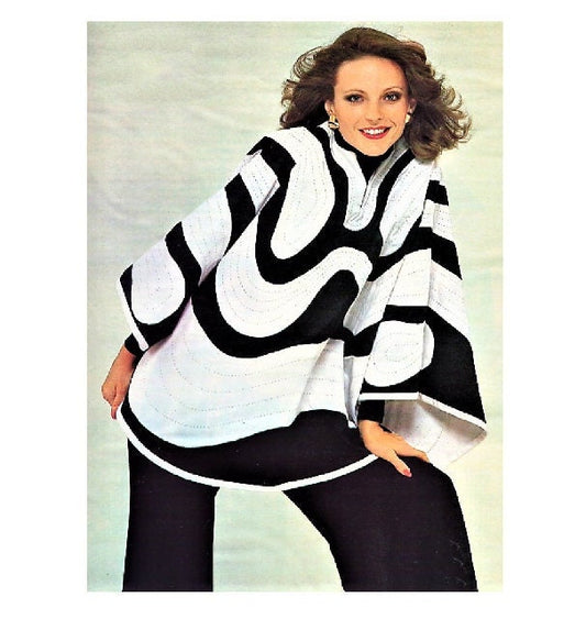 Vintage Sewing Pattern Womens Quilted Gabardine Fabric Poncho PDF Instant Digital Download Retro 70s Appliqued Black White Mod Hippie Chic