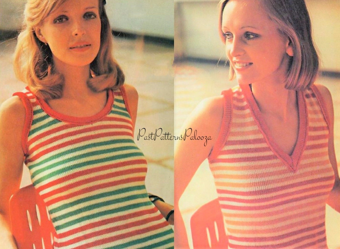 Vintage Knitting Pattern Womens Summer Striped Tops Round V Neck Sleeveless Tank Tees PDF Instant Digital Download 4 Ply