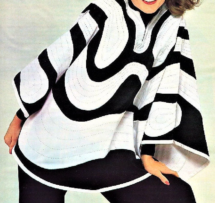 Vintage Sewing Pattern Womens Quilted Gabardine Fabric Poncho PDF Instant Digital Download Retro 70s Appliqued Black White Mod Hippie Chic