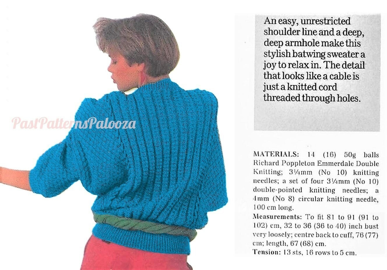 Vintage Knitting Pattern Womens Retro Dolman Batwing Sweater Loose Roomy Faux Cable Jumper PDF Instant Digital Download DK Yarn