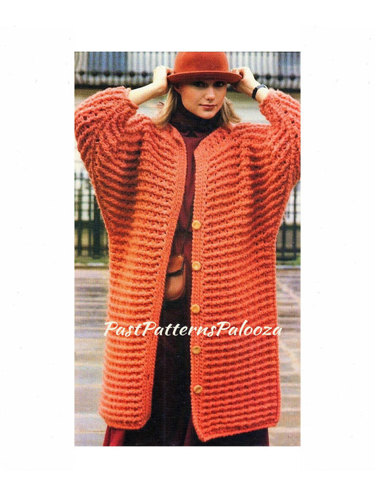 Vintage Crochet Pattern Womens Boxy Oversized Coat PDF Instant Digital Download Retro 80s Long Cardigan Jacket 10 Ply