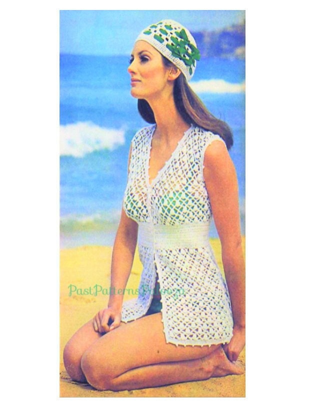 Vintage Crochet Pattern Womens Pretty Lace Beach Bikini Cover Up Top & Hat Set PDF Instant Digital Download 70s Boho Beachwear 8 Ply