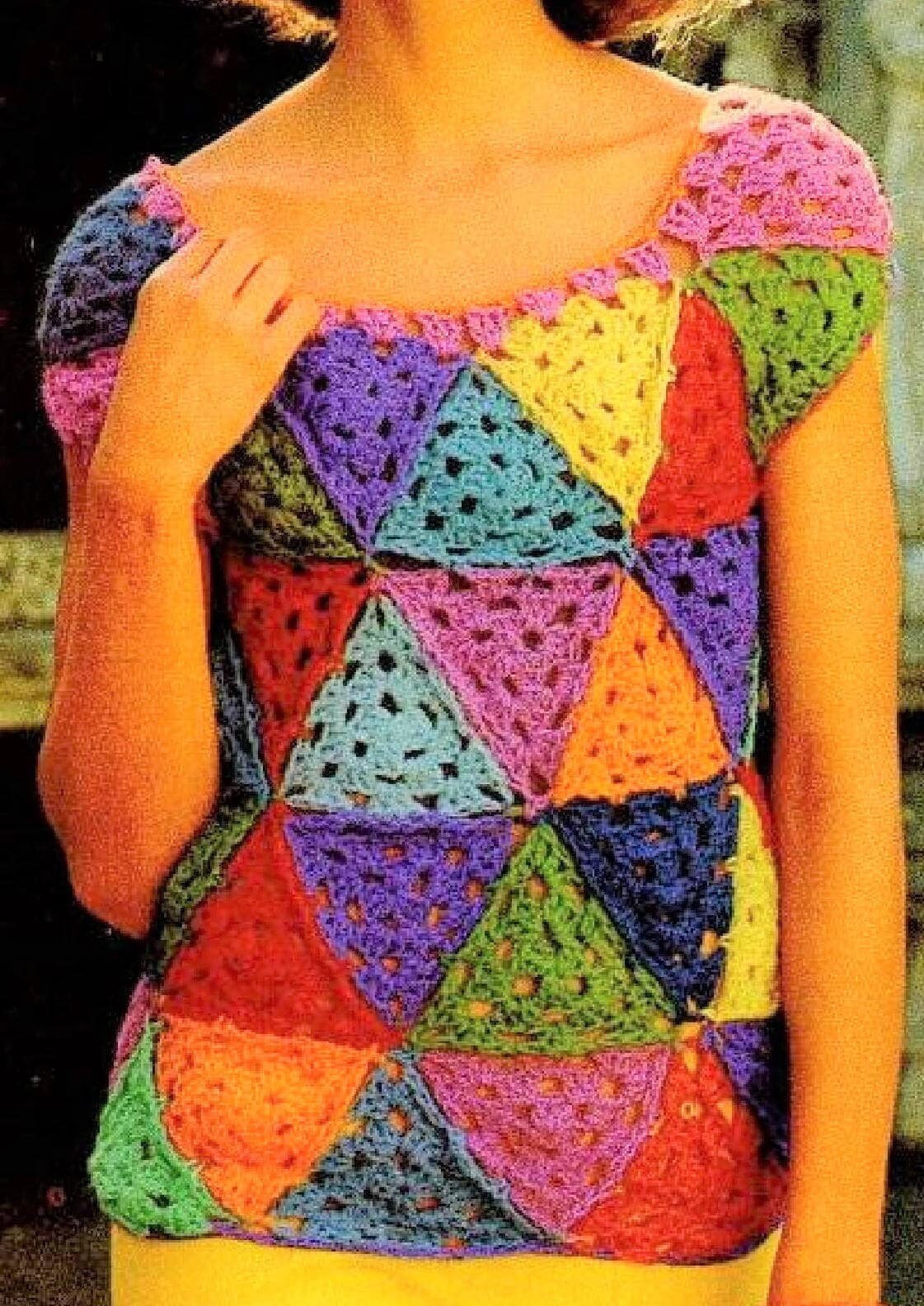 Vintage Crochet Pattern Womens Rainbow Triangles Patchwork Top PDF Instant Digital Download Retro Boho Granny Squares Hippie Jumper 5 Ply