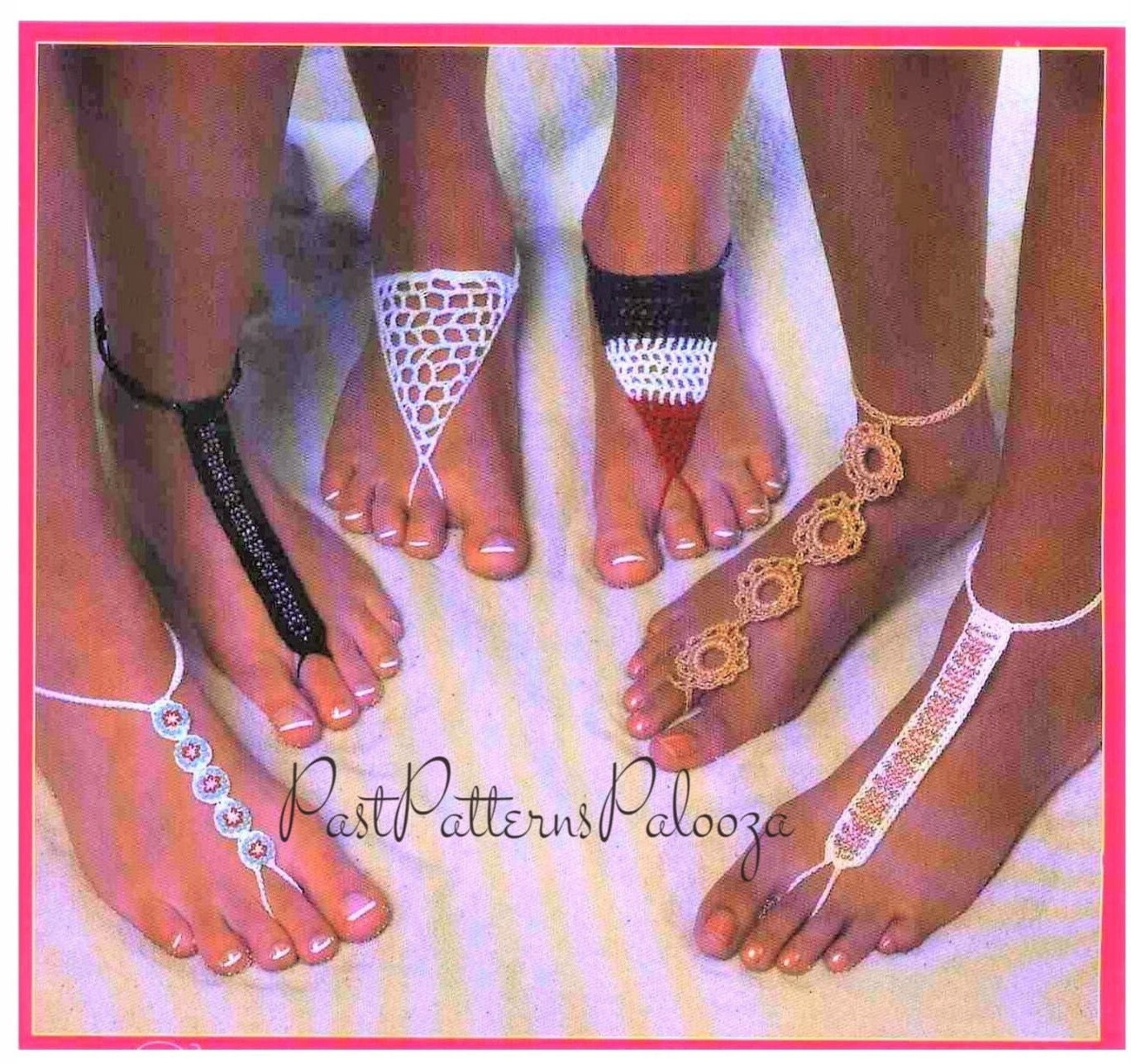 Vintage Crochet Pattern Womens Barefoot Sandals PDF Instant Digital Download 6 Designs Beach Bride Wedding Boho Yoga Chic Cotton Thread