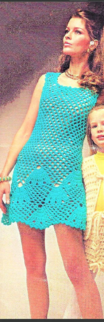Vintage Crochet Womens Seashell Shift Dress Pattern PDF Instant Digital Download Lacy Boho Mod Mini Dress or Beach Cover Retro 70s 10 Ply