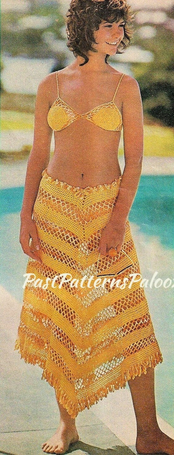 Vintage Thread Crochet Pattern Retro Bikini and Cover Up Poncho Skirt Set PDF Instant Digital Download 70s Boho Lacy Beach Outfit