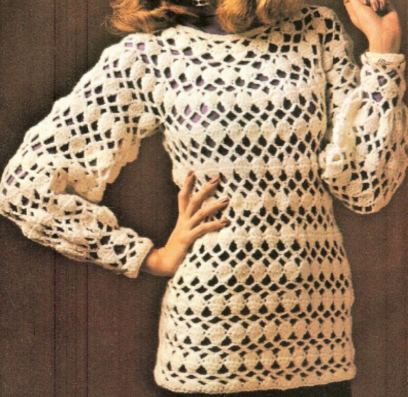 Vintage Crochet Pattern Womens Pretty Shell Stitch Lace Sweater Top PDF Instant Digital Download Retro Lacy Openwork Long Jumper 4 Ply