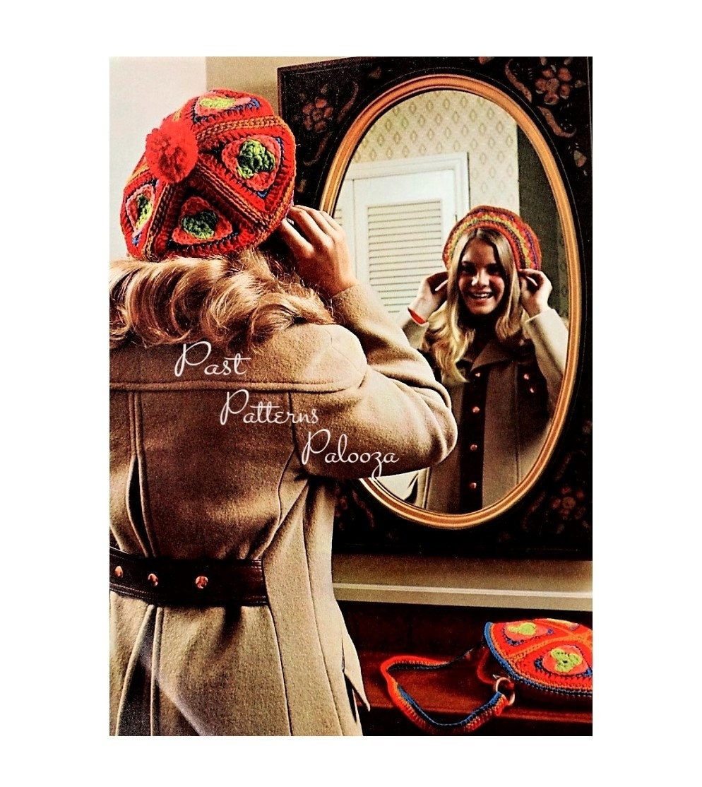 Vintage Crochet Pattern Womens Granny Square Tam Hat and Round Shoulder Bag Set PDF Instant Digital Download Retro Boho Hat Purse 10 Ply
