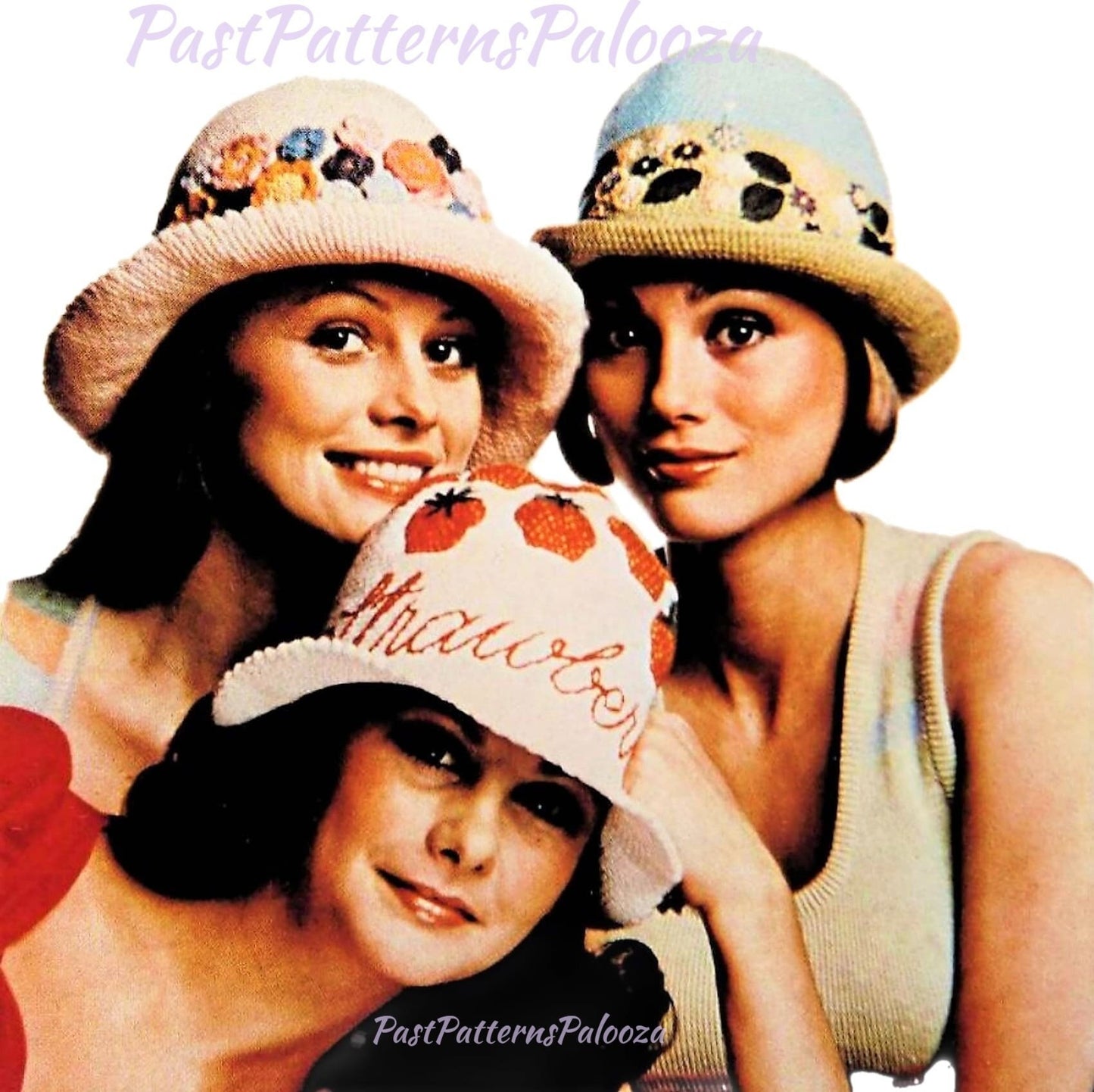 Vintage Crochet Pattern Womens Boho Brimmed Hats Flowers Sunshine Strawberries PDF Instant Digital Download 10 Ply