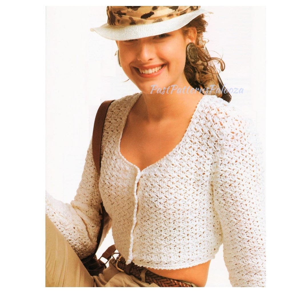 Vintage Crochet Pattern Womens Lacy Summer Cardigan Crop Sweater Top PDF Instant Digital Download DK