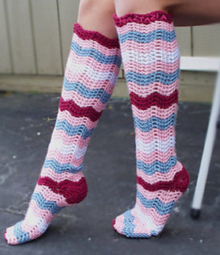 Vintage Crochet Pattern Retro Chevron Ripple Knee Socks PDF Instant Digital Download Groovy Womens Hippie Boho Chic Knee Highs 10 Ply