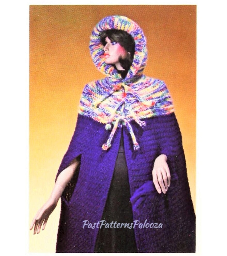 Vintage Crochet Pattern Womens Boho Hooded Cape Moss Stitch PDF Instant Digital Download Retro Sweater Poncho Coat 4 Ply One Size