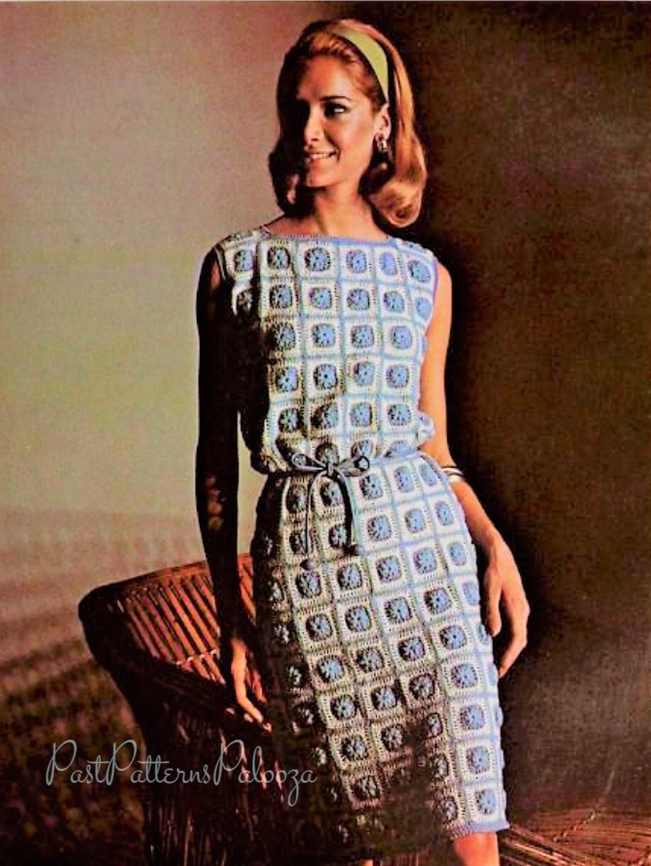 Vintage Crochet Pattern Womens Classic Granny Squares Dress PDF Instant Digital Download Sleeveless Boho Small Flower Block Motifs 4 Ply