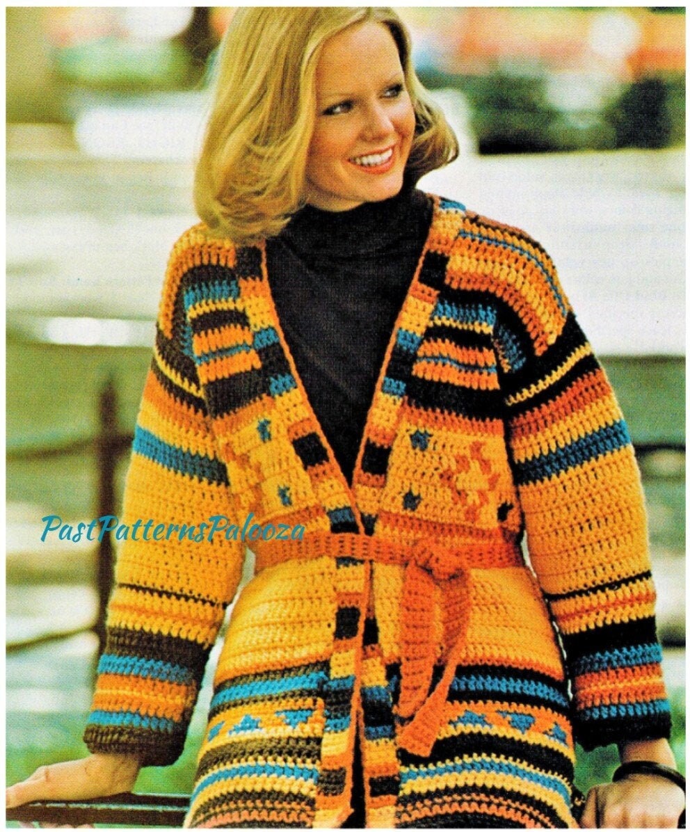 Vintage Crochet Pattern Womens Aztec Indian Jacket Sweater PDF Instant Digital Download Boho Indian Pottery Banding 10 Ply S M L