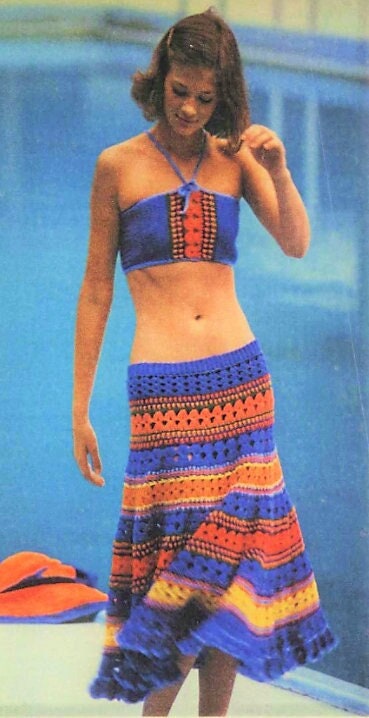 Vintage Crochet Pattern Womens Short Halter Top & Maxi Swirl Skirt Set PDF Instant Digital Download 70s Bohemian Gypsy Salsa Hippie Wear