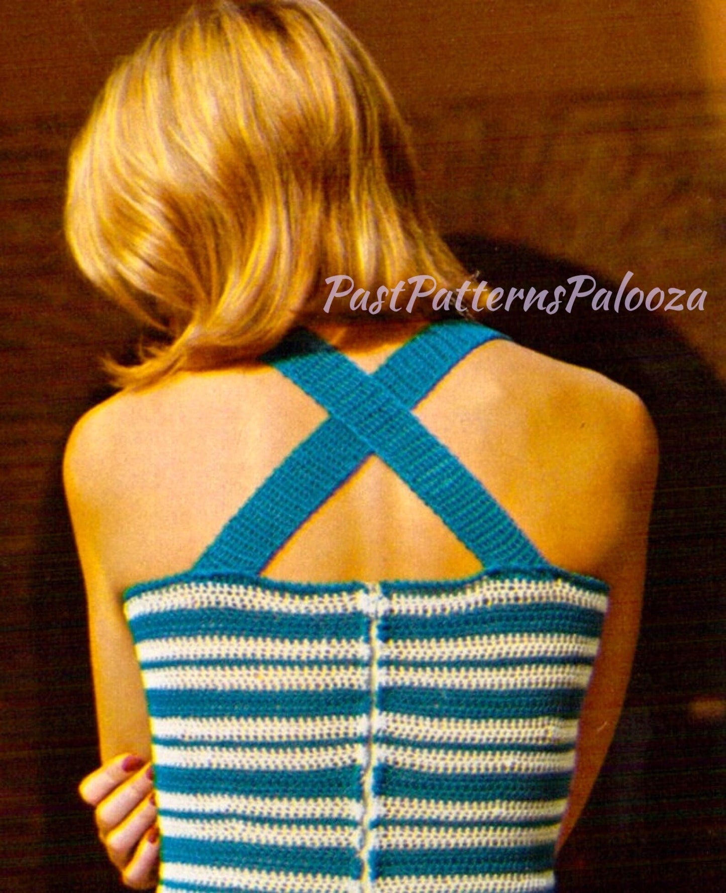 Vintage Crochet Pattern Womens Crossover Back Sundress Striped Summer Beach Dress PDF Instant Digital Download DK