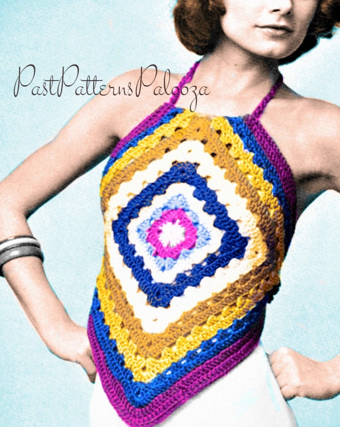 Vintage Crochet Pattern Womens Retro Granny Square Halter Top PDF Instant Digital Download Hippie Boho Chic 1970s 10 Ply