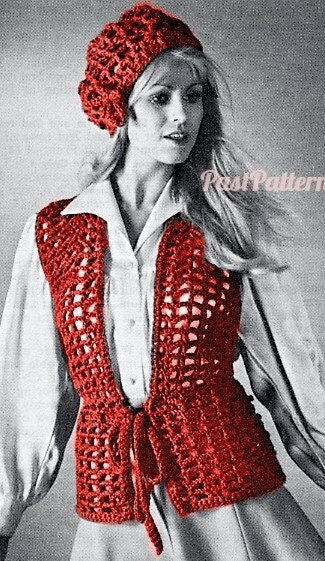 Vintage Crochet Pattern Womens Retro Lacy Vest and Beret Set PDF Instant Digital Download Groovy Mod Boho Front Tie Vest Hat Outfit 4 Ply