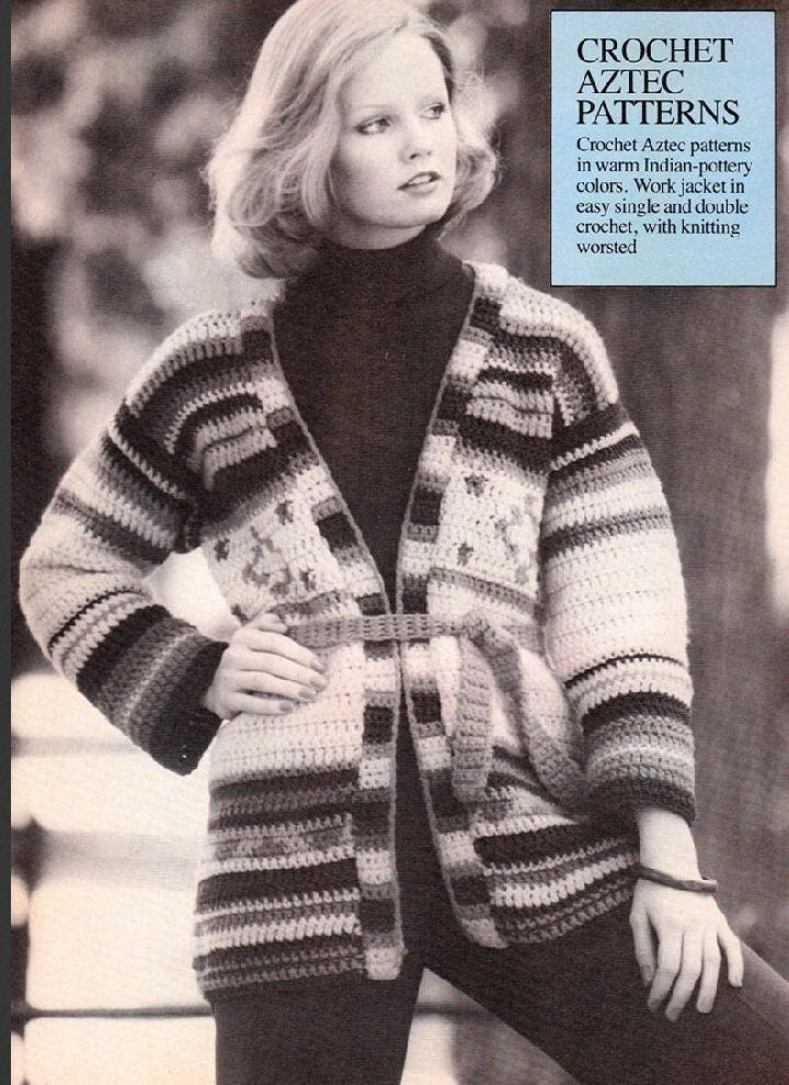 Vintage Crochet Pattern Womens Aztec Indian Jacket Sweater PDF Instant Digital Download Boho Indian Pottery Banding 10 Ply S M L