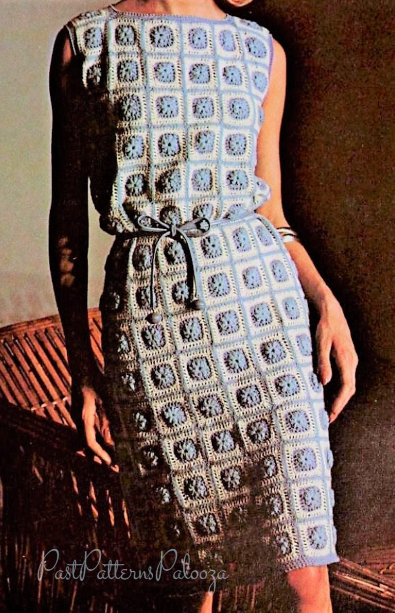 Vintage Crochet Pattern Womens Classic Granny Squares Dress PDF Instant Digital Download Sleeveless Boho Small Flower Block Motifs 4 Ply