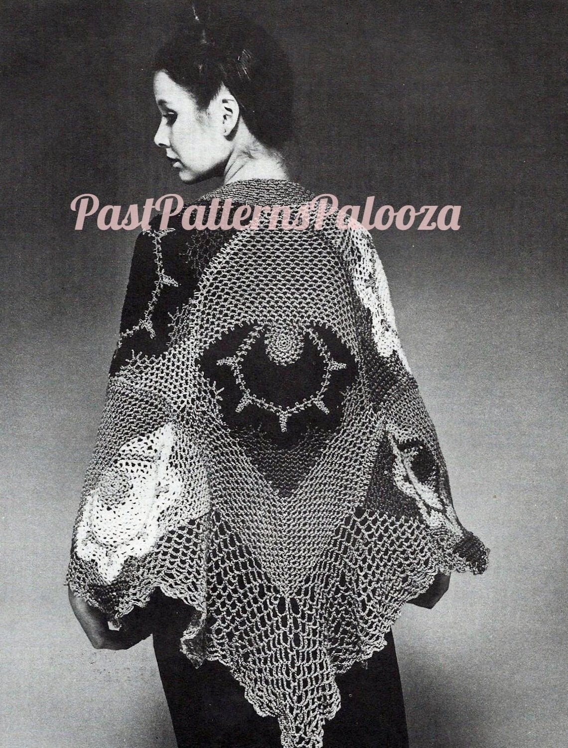 Vintage Crochet Pattern Womens Pretty Art Flower Shawl PDF Instant Digital Download Lacy Wrap Boho Lace Cabbage Rose Cotton Thread