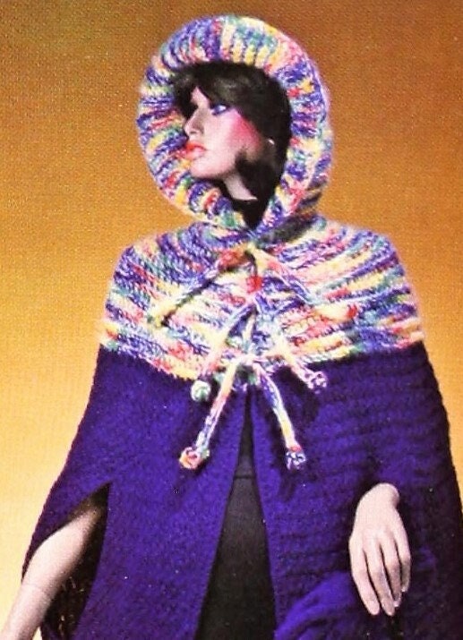 Vintage Crochet Pattern Womens Boho Hooded Cape Moss Stitch PDF Instant Digital Download Retro Sweater Poncho Coat 4 Ply One Size