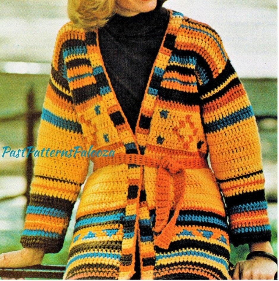 Vintage Crochet Pattern Womens Aztec Indian Jacket Sweater PDF Instant Digital Download Boho Indian Pottery Banding 10 Ply S M L