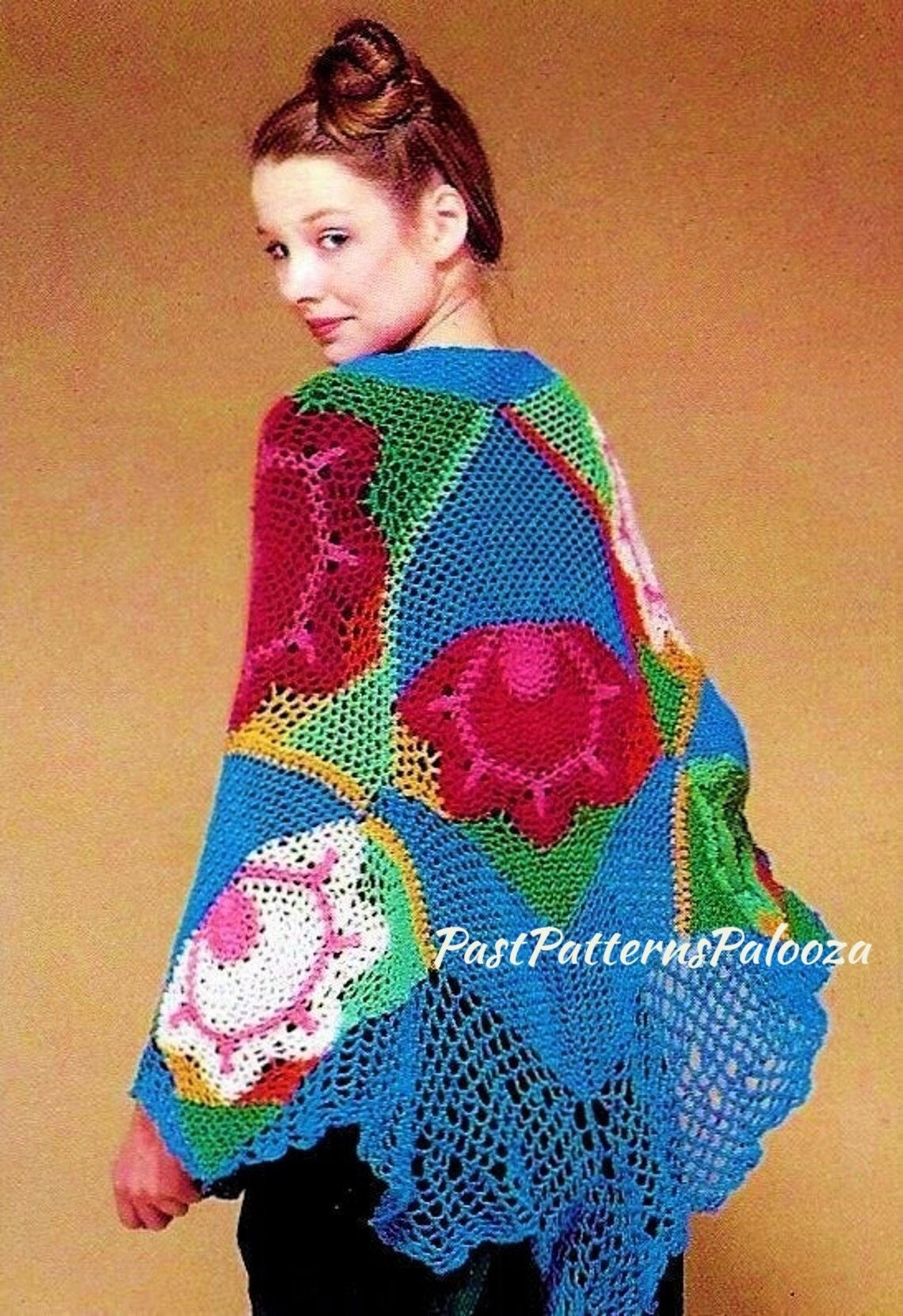 Vintage Crochet Pattern Womens Pretty Art Flower Shawl PDF Instant Digital Download Lacy Wrap Boho Lace Cabbage Rose Cotton Thread
