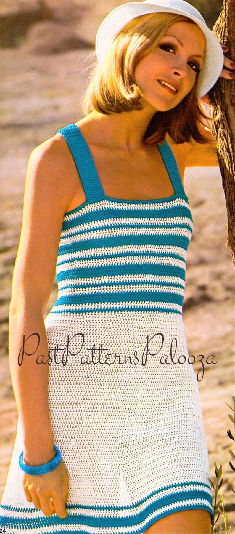 Vintage Crochet Pattern Womens Crossover Back Sundress Striped Summer Beach Dress PDF Instant Digital Download DK