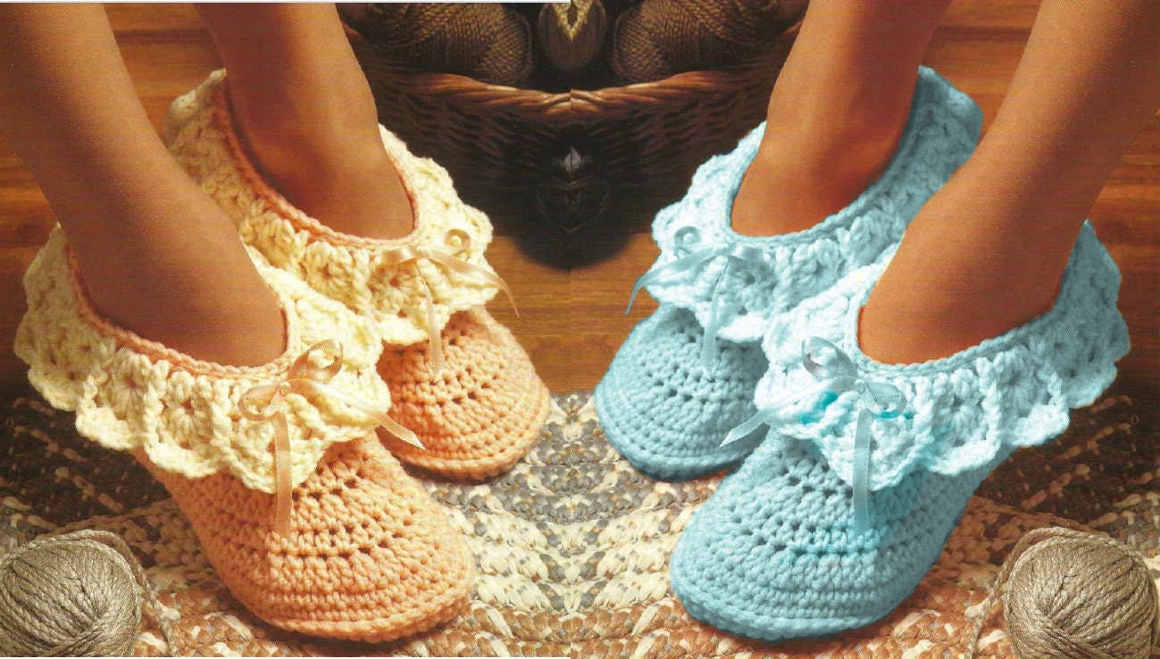 Vintage Crochet Pattern Easy Quick Womens Ruffle Slippers PDF Instant Digital Download Retro House Socks Slippers 3 Sizes 10 Ply