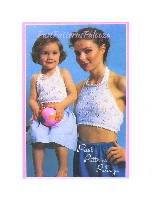 Vintage Knitting Pattern Womens Teens Girls Halter Tops Eyelet Flower Picot Edge PDF Instant Digital Download Pretty Summer Midi Tops 5 Ply