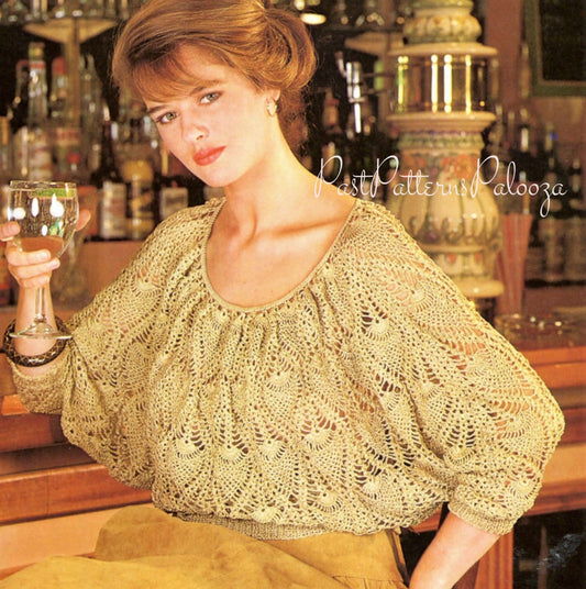 Vintage Crochet Pattern Womens Pretty Pineapple Lace Blouse PDF Instant Digital Download Dressy Top Dolman Sleeves 4 Ply