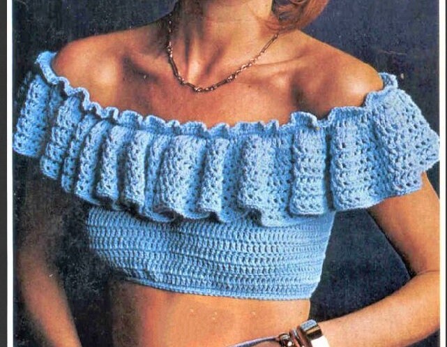 Vintage Crochet Pattern Womens Off Shoulder Ruffle Midriff Top PDF Instant Digital Download Retro Summer Boho 1970s Cotton Thread No. 4