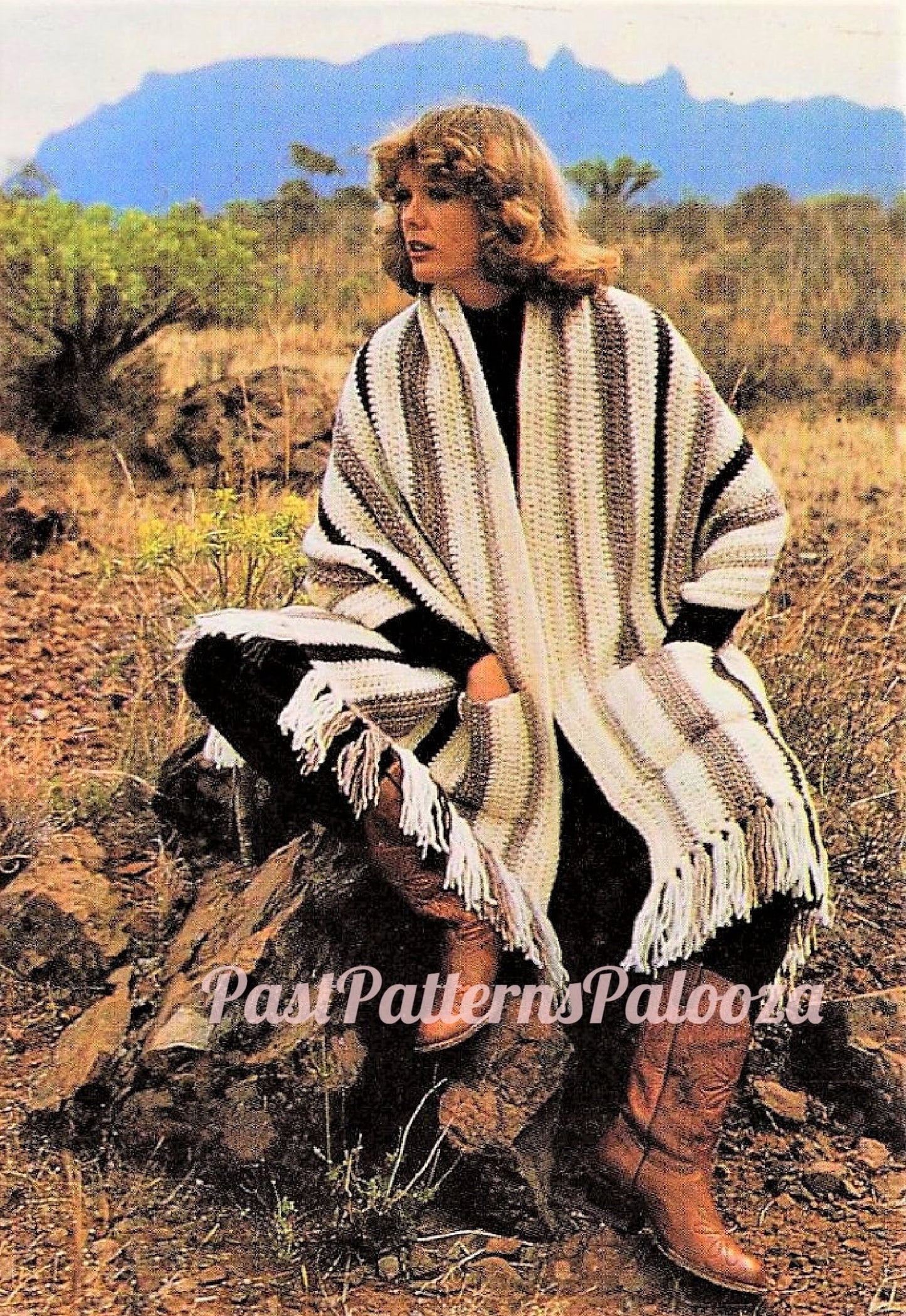 Vintage Crochet Pattern Womens Boho Striped Rectangular Shawl PDF Instant Digital Download Tasseled Wrap One Size 10 Ply