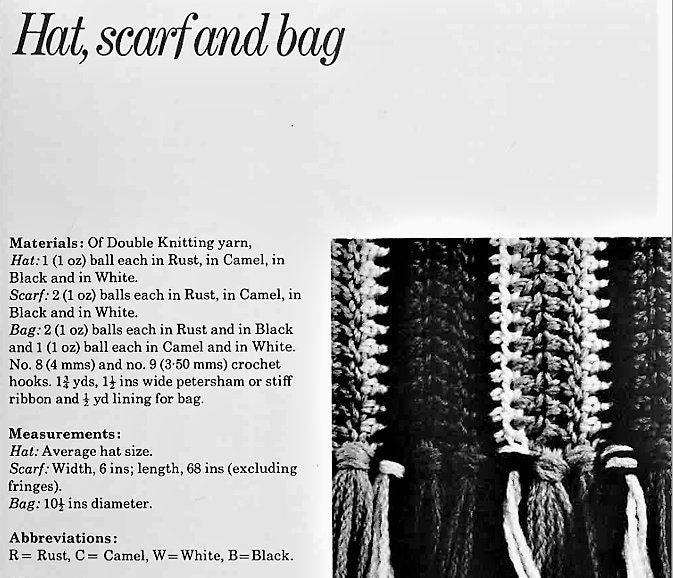 Vintage Crochet Pattern Womens Bullseye Circle Hand Bag Striped Hat Scarf Set Boho Chic PDF Instant Digital Download Beanie Round Purse DK