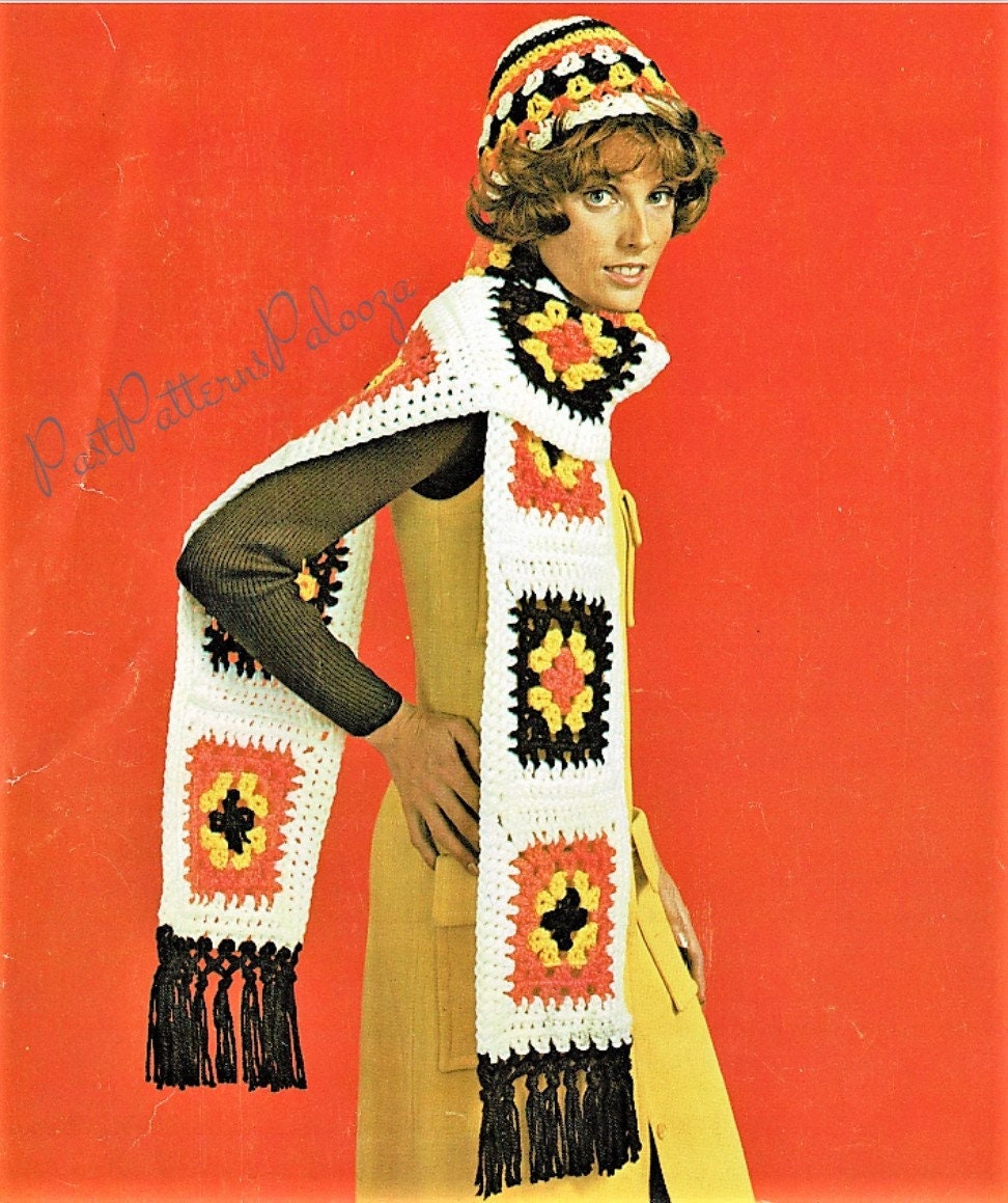 Vintage Crochet Pattern Womens Granny Square Scarf and Hat Sets Boho Chic PDF Instant Digital Download One Size 12 Ply