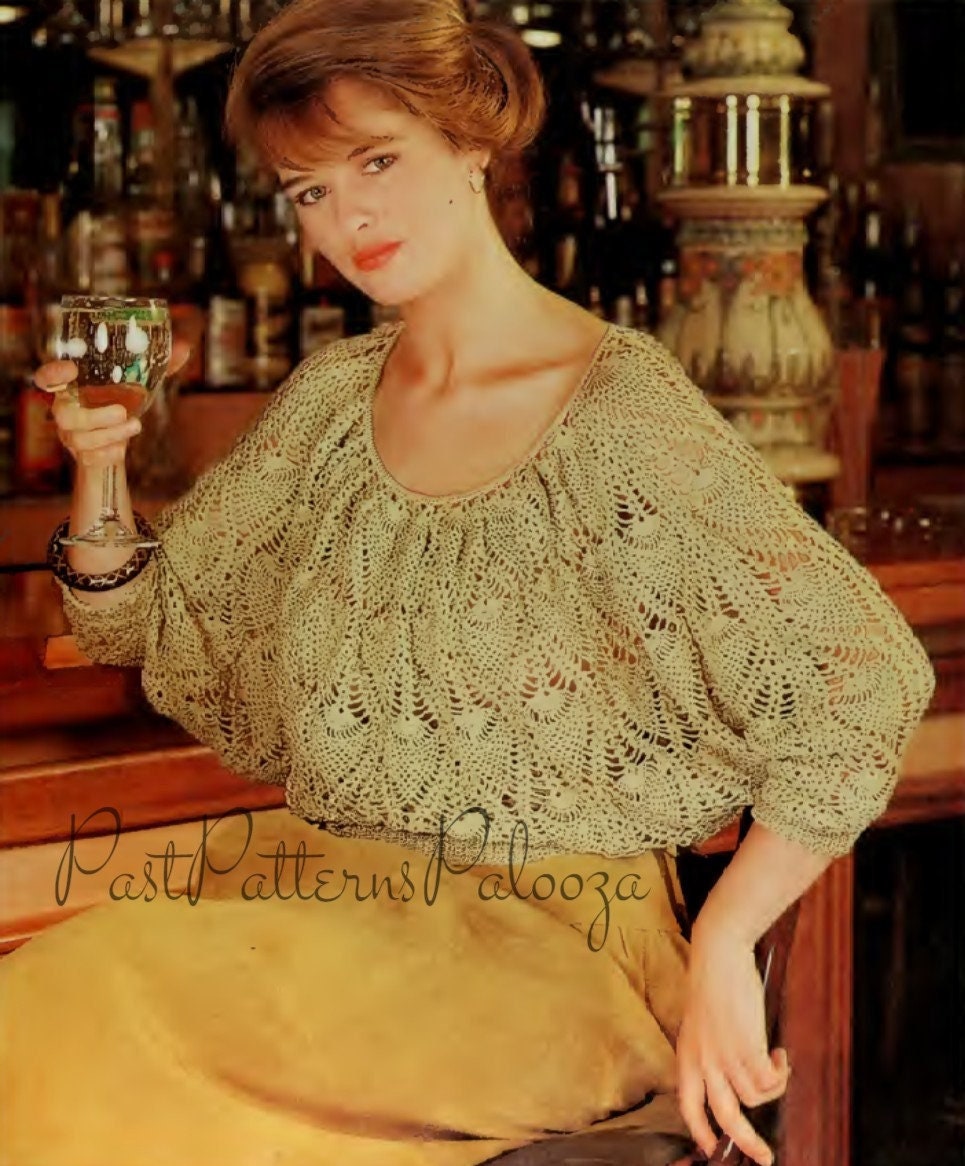 Vintage Crochet Pattern Womens Pretty Pineapple Lace Blouse PDF Instant Digital Download Dressy Top Dolman Sleeves 4 Ply