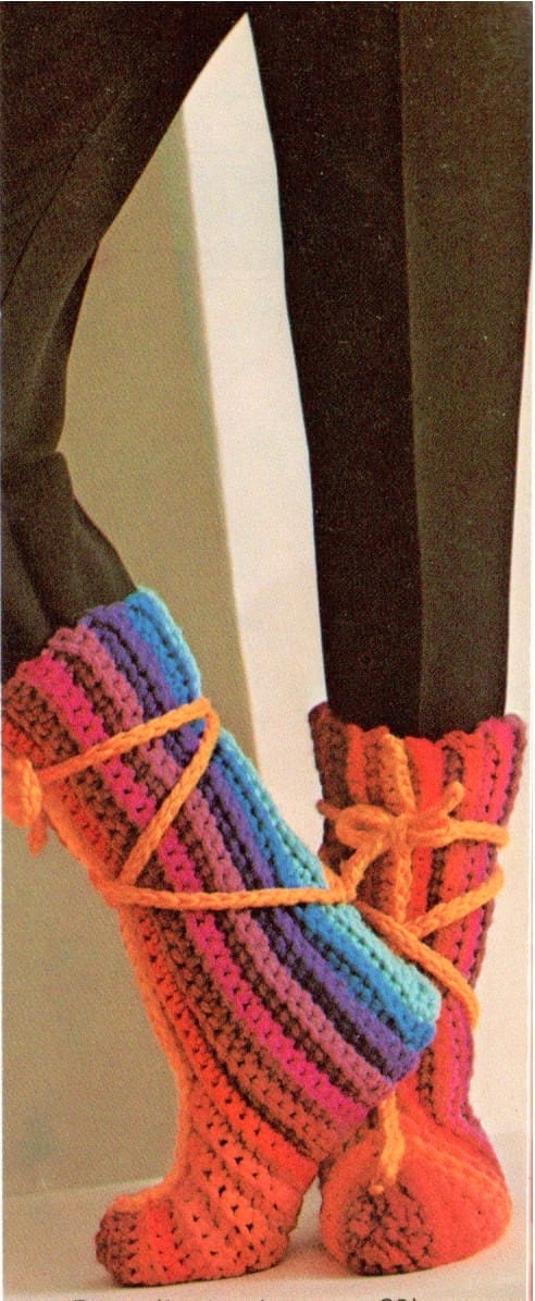 Vintage Crochet Pattern Womens Classic Pom Pom Slippers and Rainbow House Boots PDF Instant Digital Download Retro '70s Chic 12 Ply