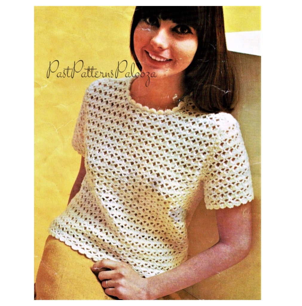Vintage Crochet Pattern Womens Pretty Lace Sweater Top Short Sleeved Jumper PDF Instant Digital Download Shell Stitch Trim 4 Ply